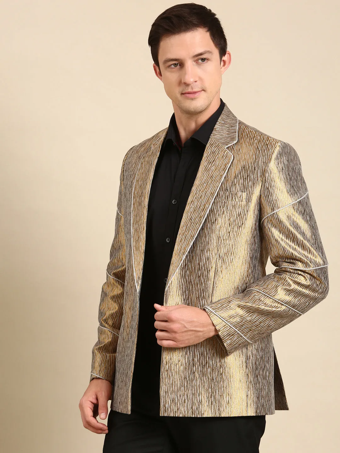 100 Silk Gold Jacquard Blazer for Men - MMJ0157