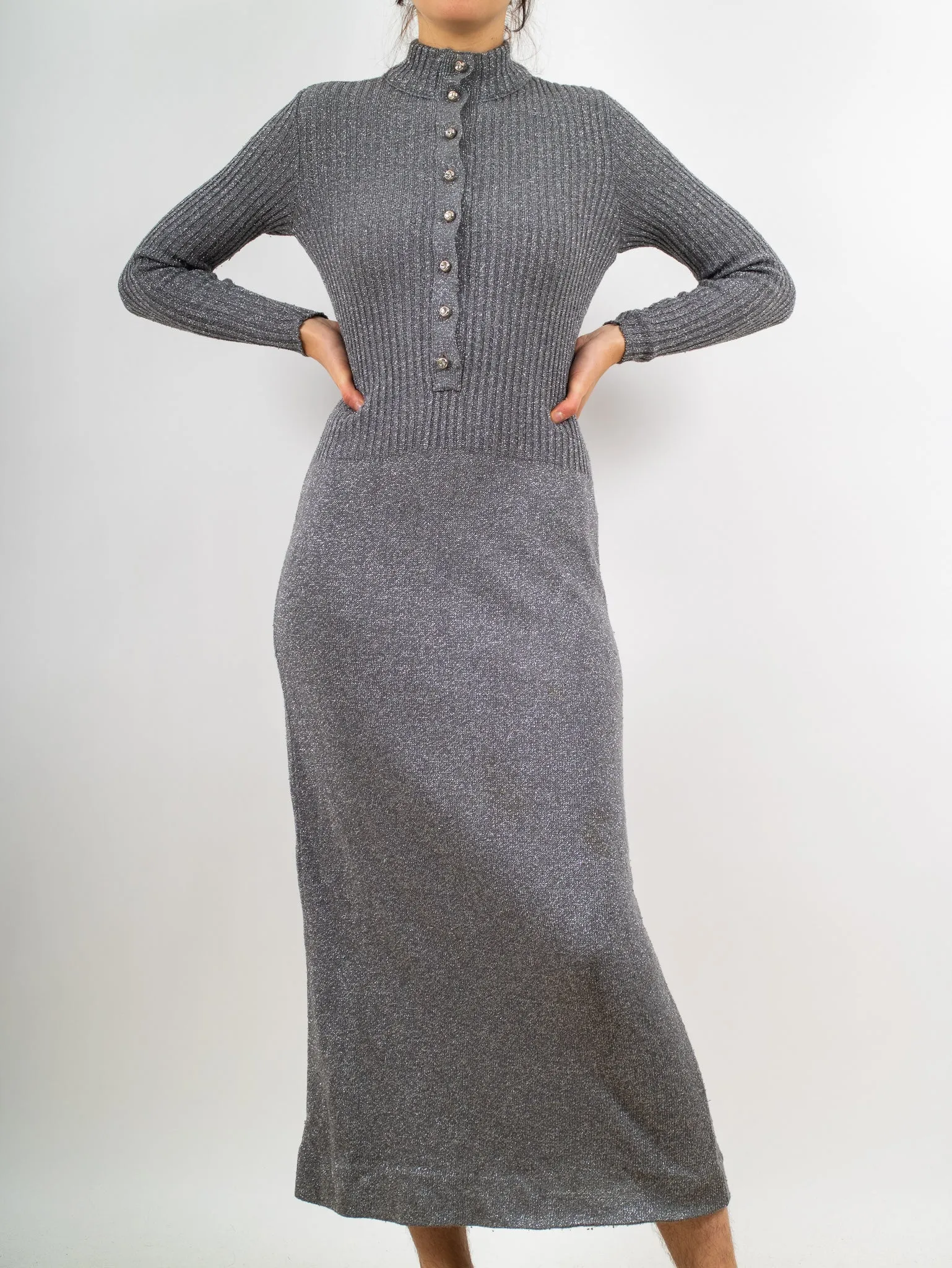 1970s Shirtwaist Silver Tinsel Knit Maxi Dress by Brenner Bees