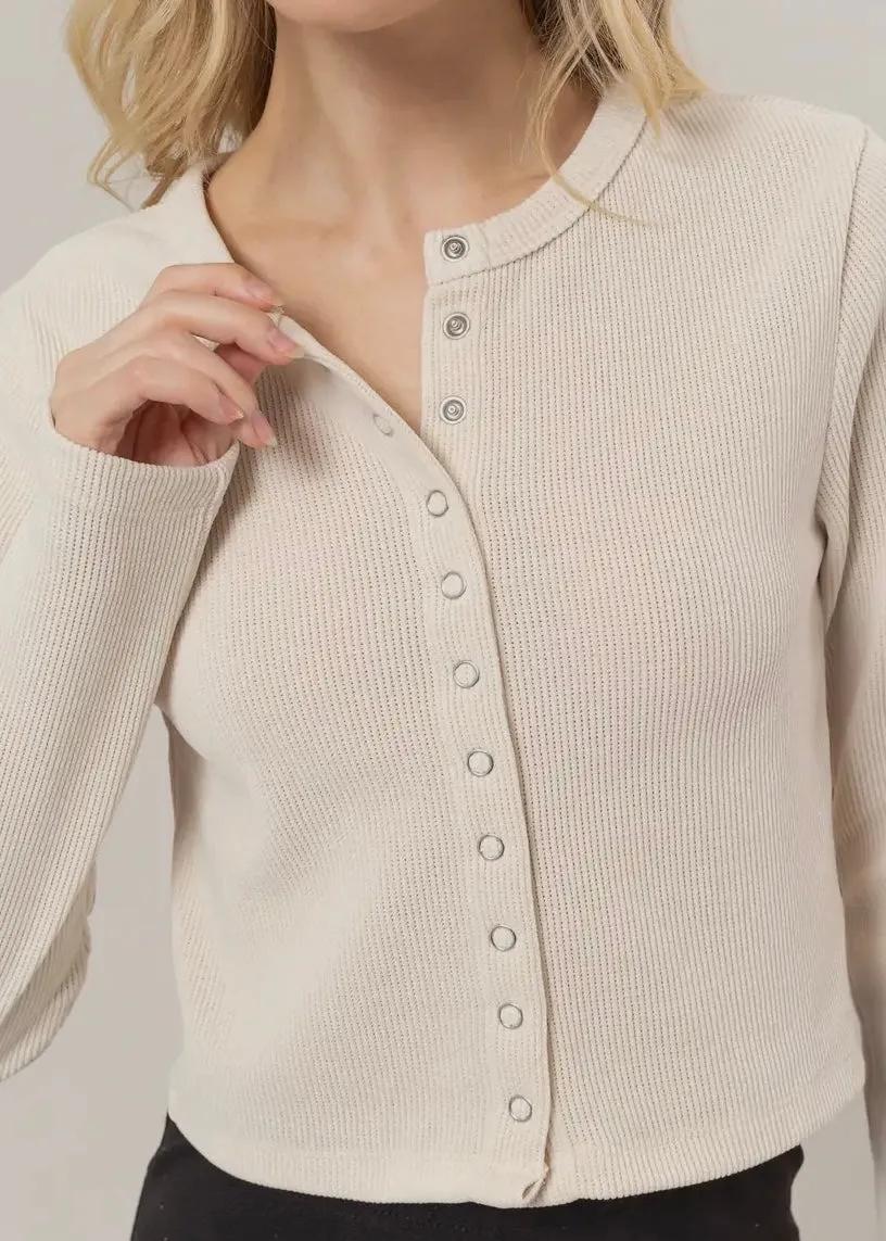 After Hours Button Down Ribbed Top in Crème