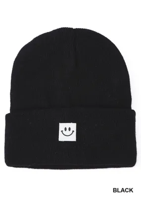 All Smiles Smiley Face Patch Beanie in Black