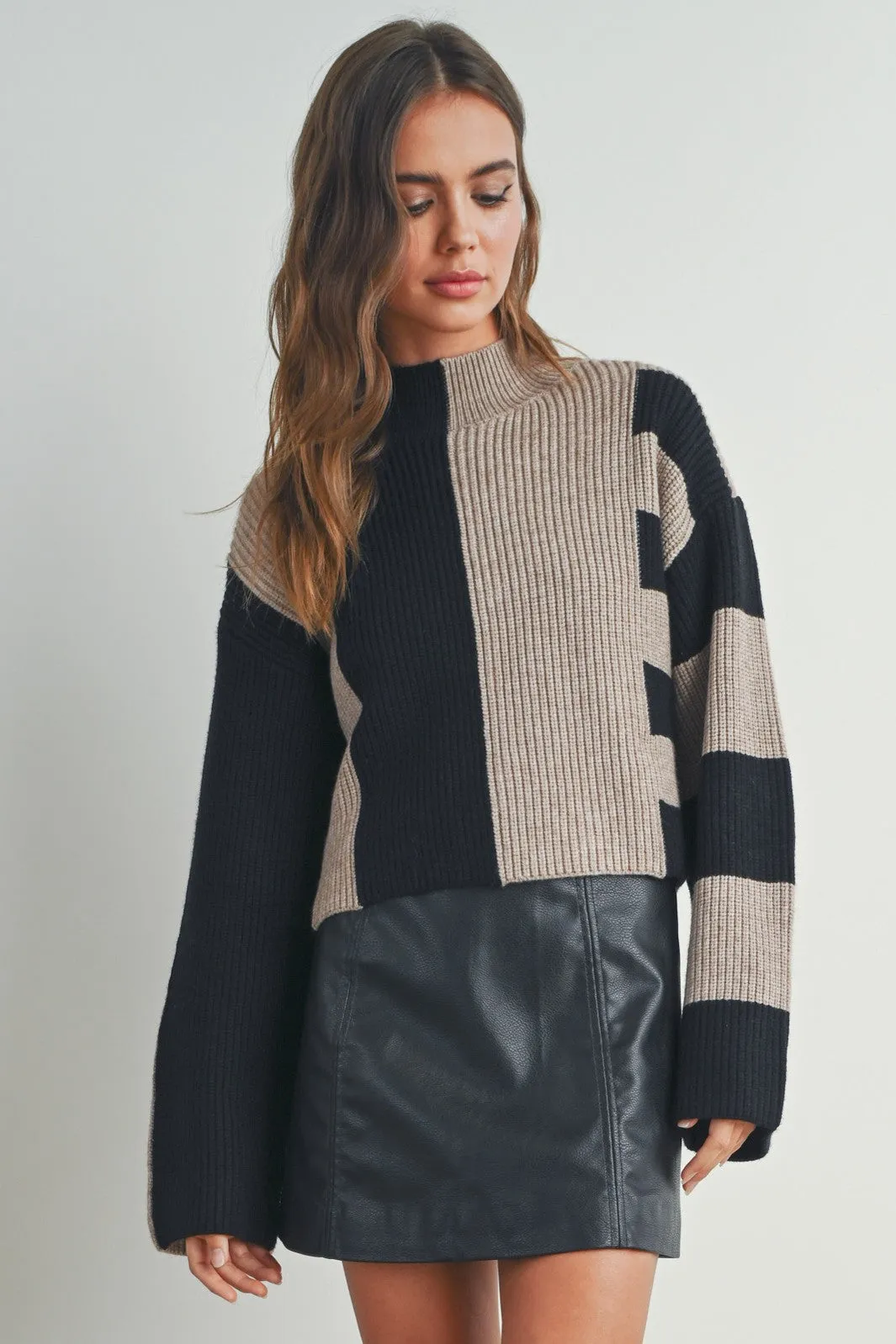 Anahi Color Block Mock Turtleneck Sweater