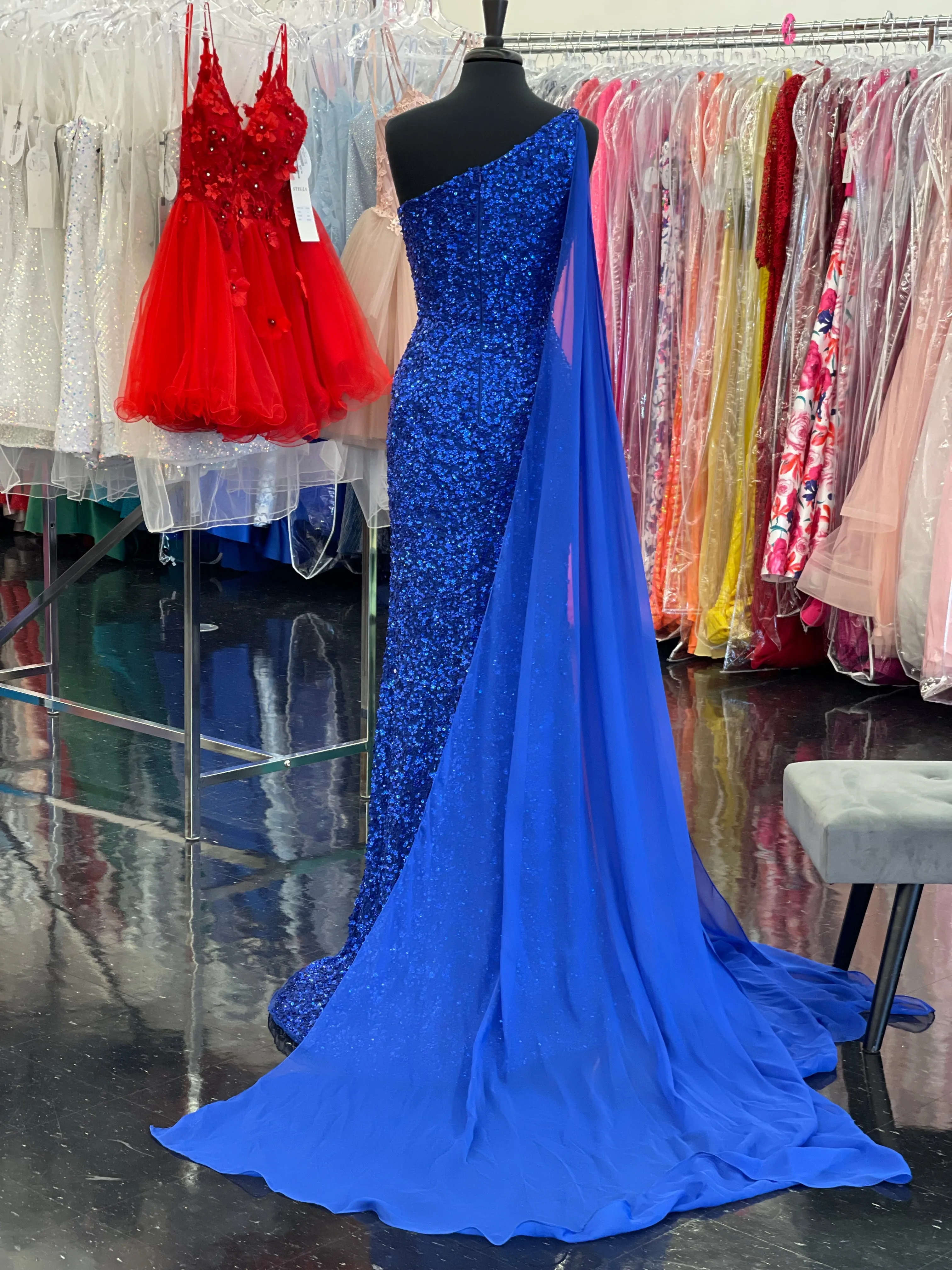 Ashley Lauren 11371 Size 8 Royal One Shoulder Prom Dress fully sequence with shoulder cape