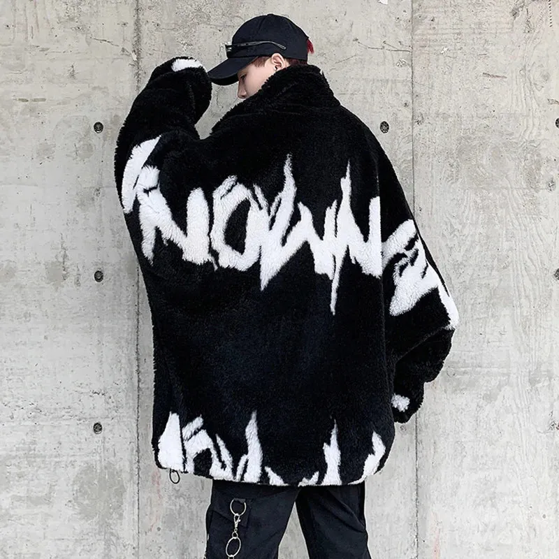 Autumn Winter Cotton Clothing Trend Men's Loose Fit Warm Letter Jacquard Lamb Wool Coat Korean Autumn Overcoat 9C2339