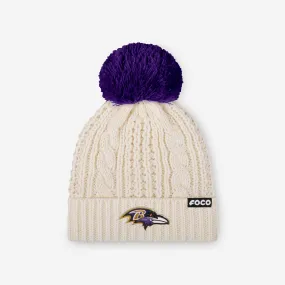 Baltimore Ravens Womens Primary Logo White Cable Knit Pom Beanie