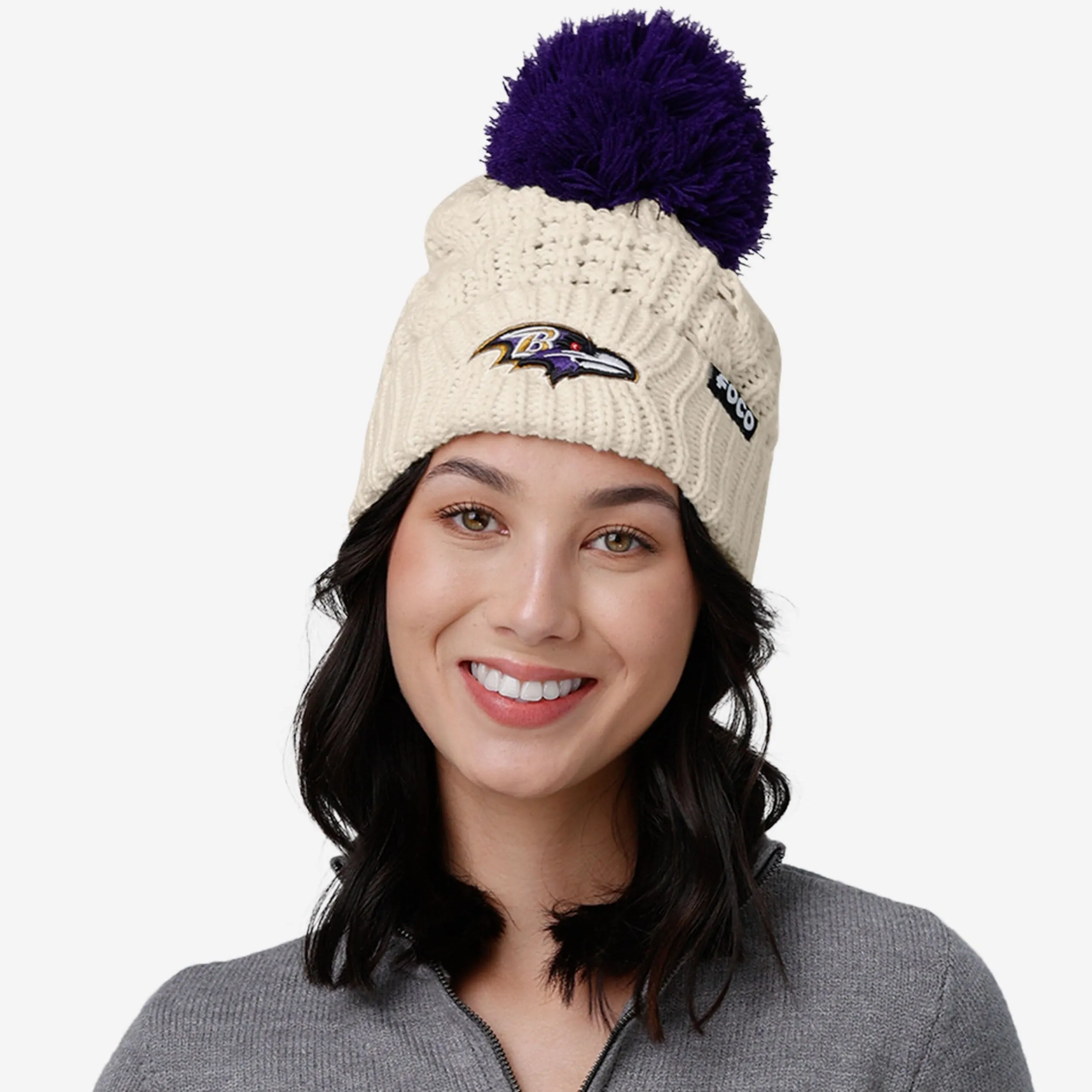 Baltimore Ravens Womens Primary Logo White Cable Knit Pom Beanie