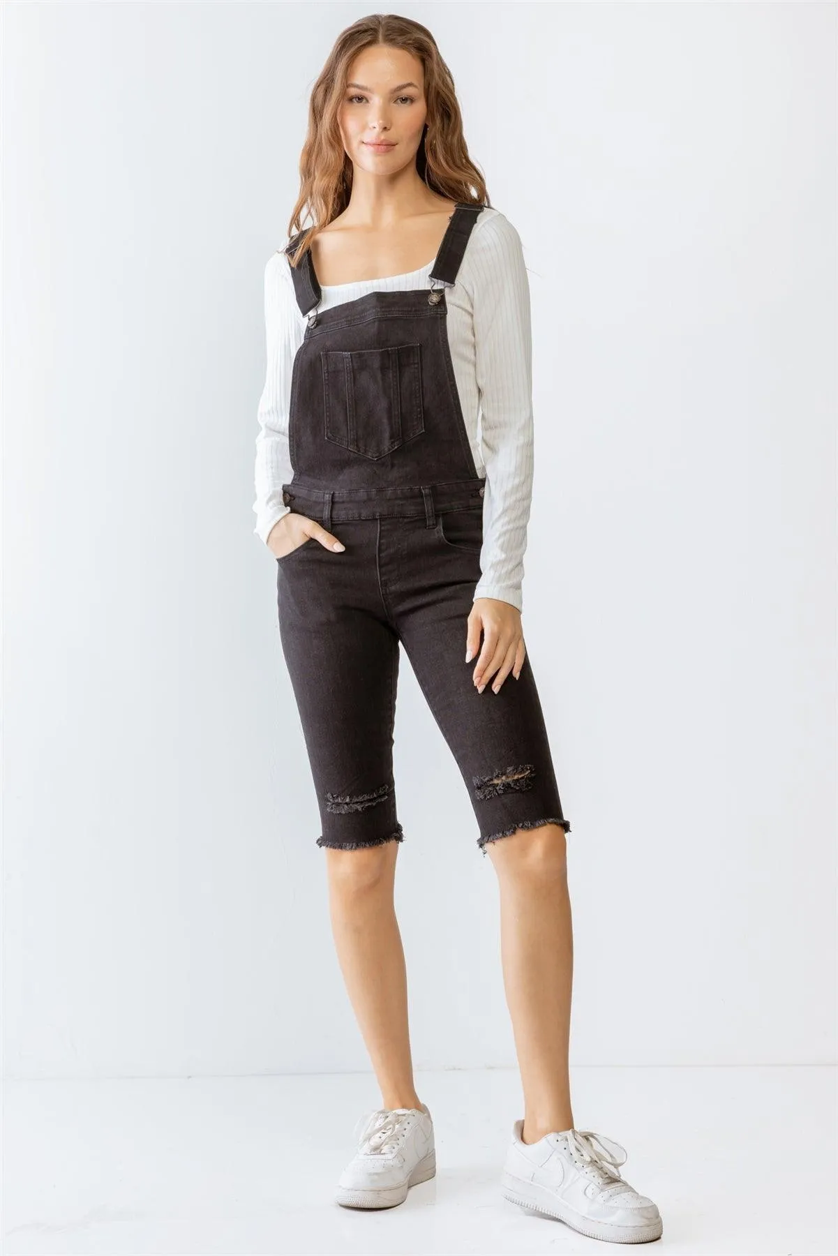 Black Denim Distressed Detail Raw Hem Cropped Bermuda Overall /3-2-1