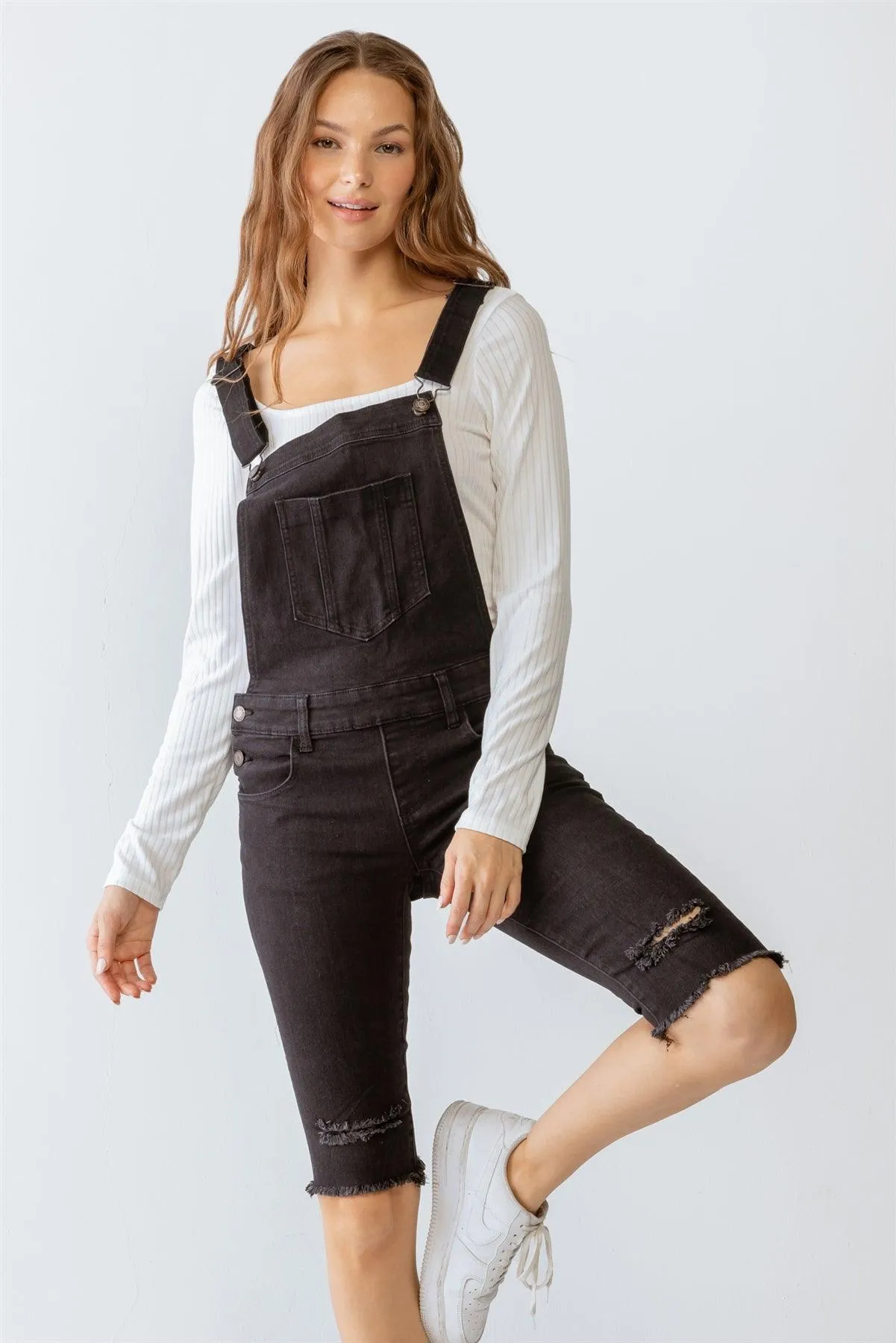 Black Denim Distressed Detail Raw Hem Cropped Bermuda Overall /3-2-1