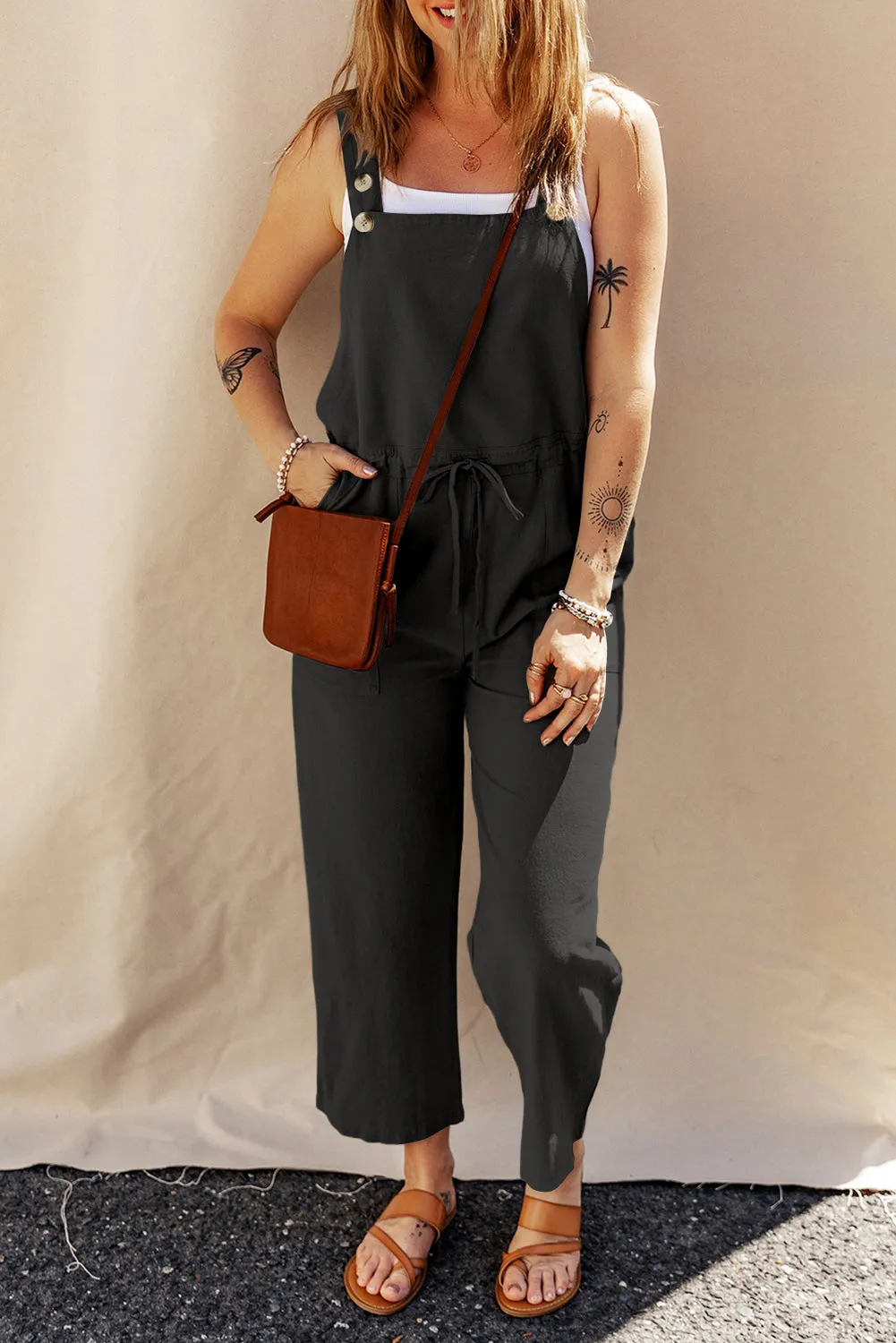 Black Drawstring Buttoned Strap Cropped Overall