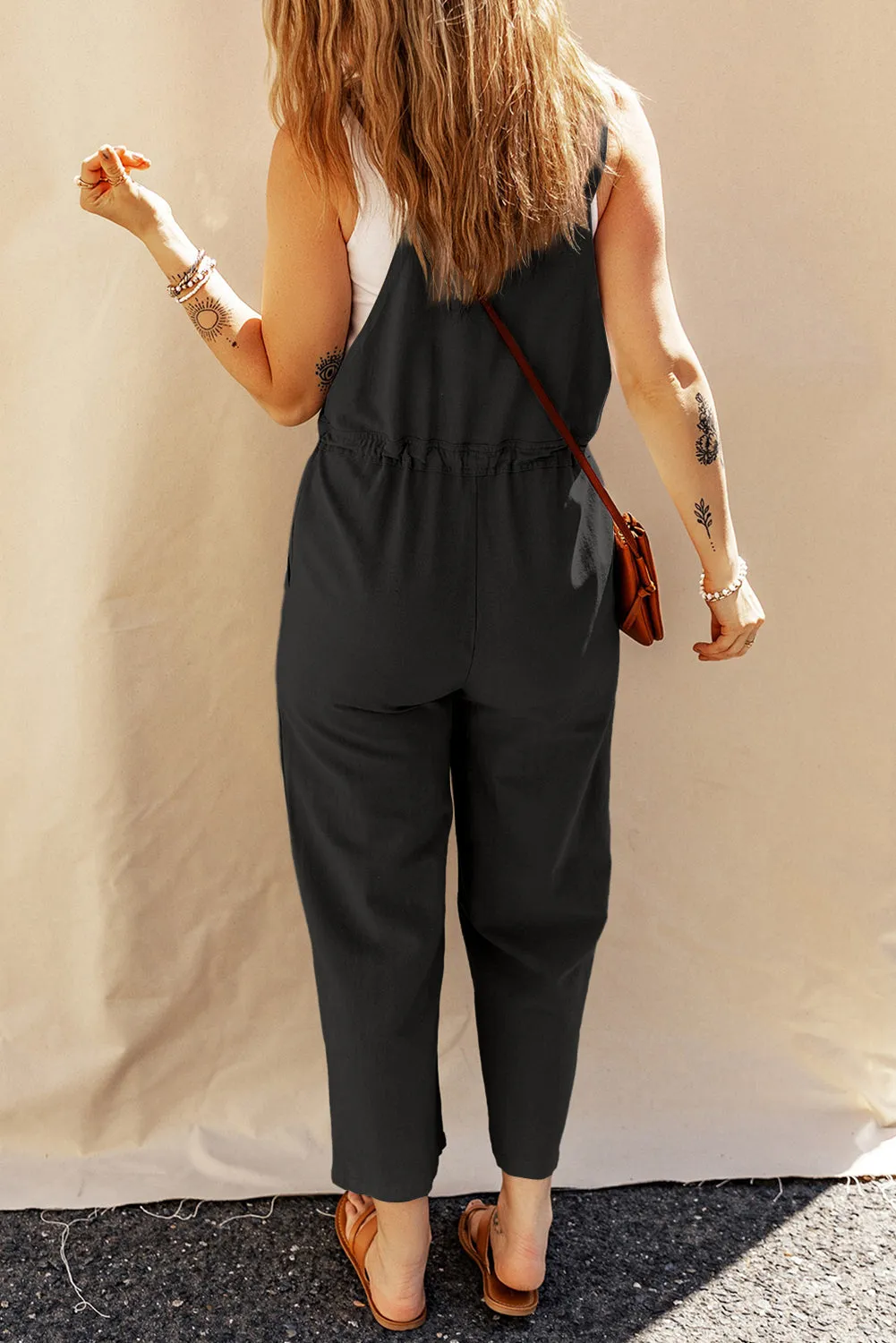 Black Drawstring Buttoned Strap Cropped Overall