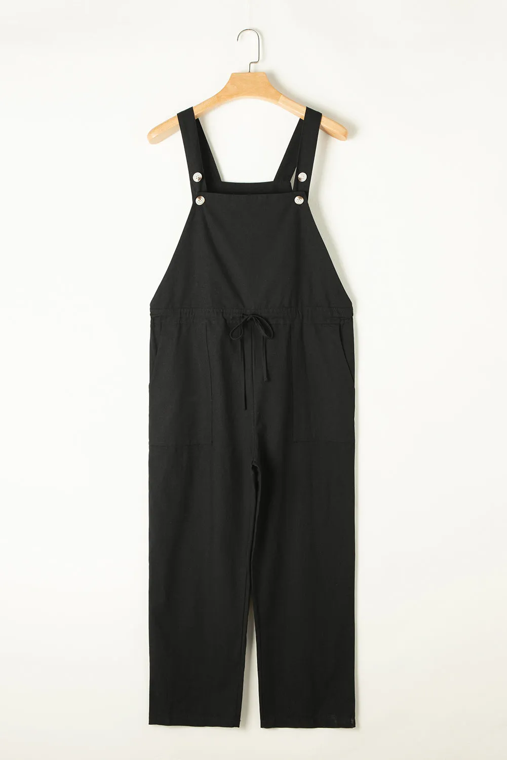 Black Drawstring Buttoned Strap Cropped Overall