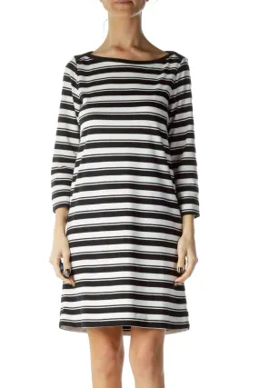 Black White Striped 3/4 Sleeve Knit Dress