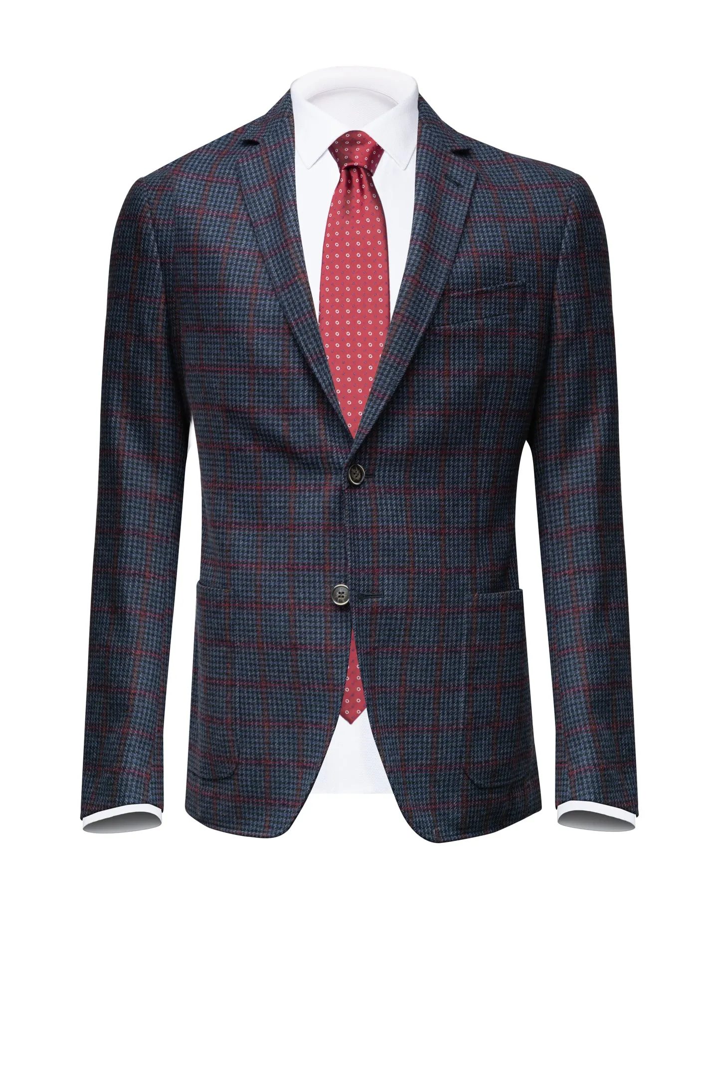 Blue Pied de poule Wool Blazer with Burgundy Windowpane (Regular)