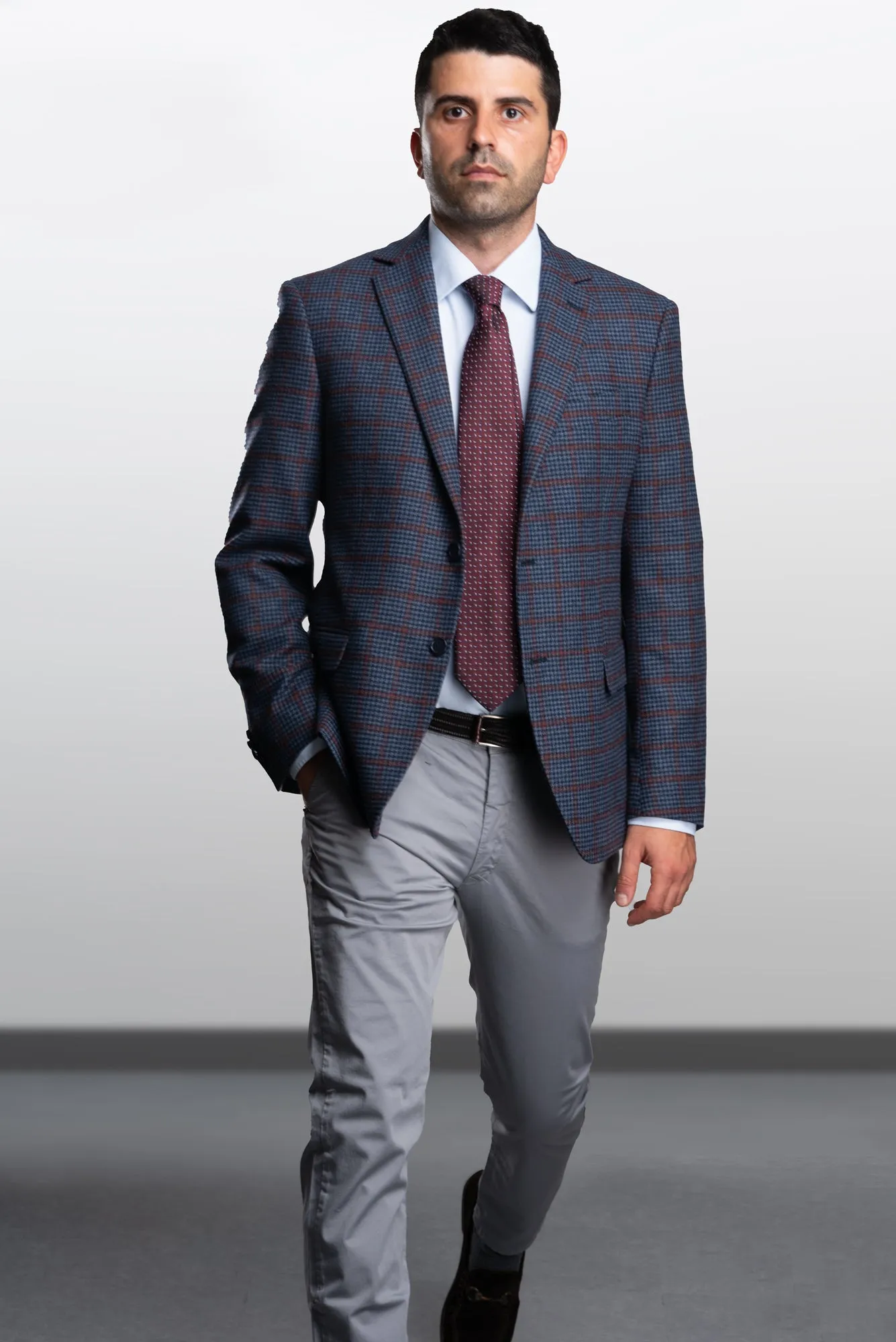 Blue Pied de poule Wool Blazer with Burgundy Windowpane (Regular)