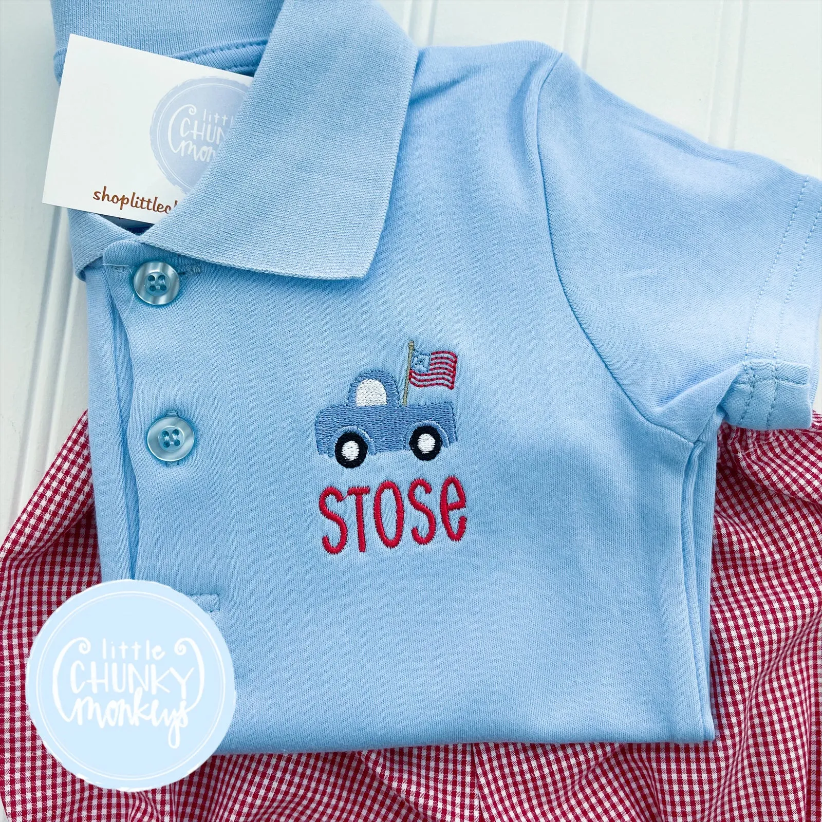 Boy Polo Shirt- Patriotic Truck on Light Blue