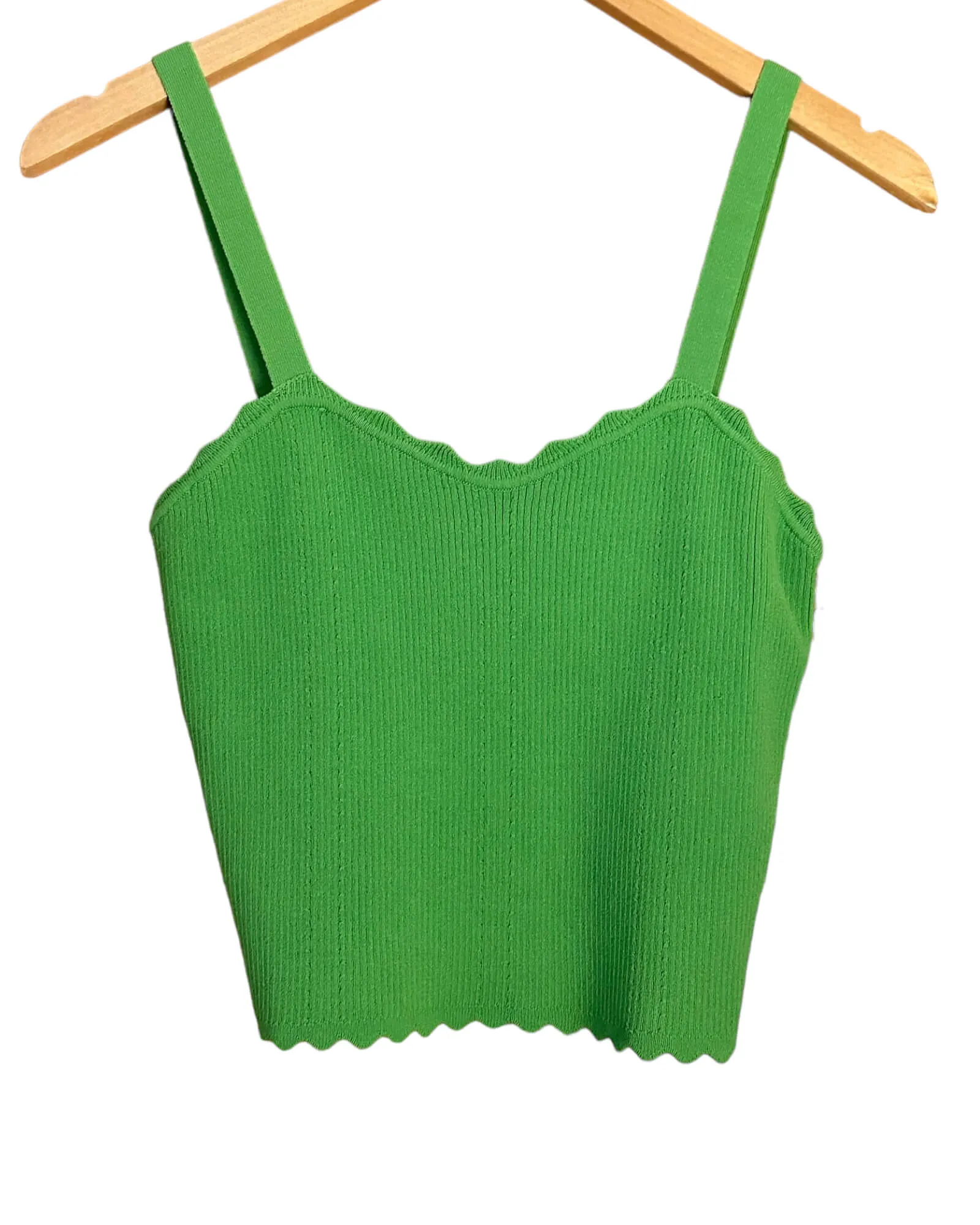 Bright Spring Lime Green Sweater Knit Scallop Trim Crop Top