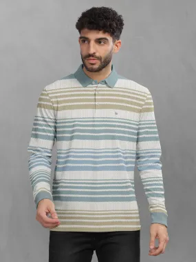 BULLMER Mint Green Striped Textured Printed Polo Neck FullSleeve T-shirt With Rib For Men