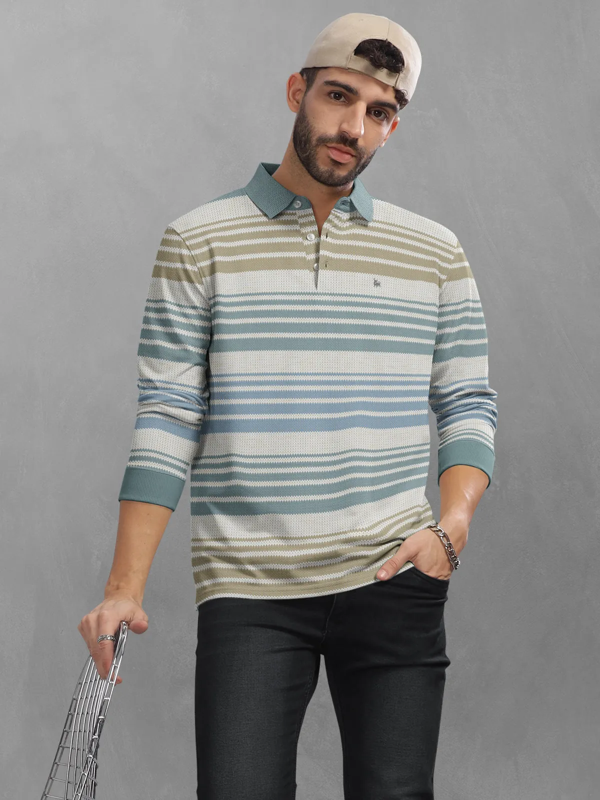 BULLMER Mint Green Striped Textured Printed Polo Neck FullSleeve T-shirt With Rib For Men