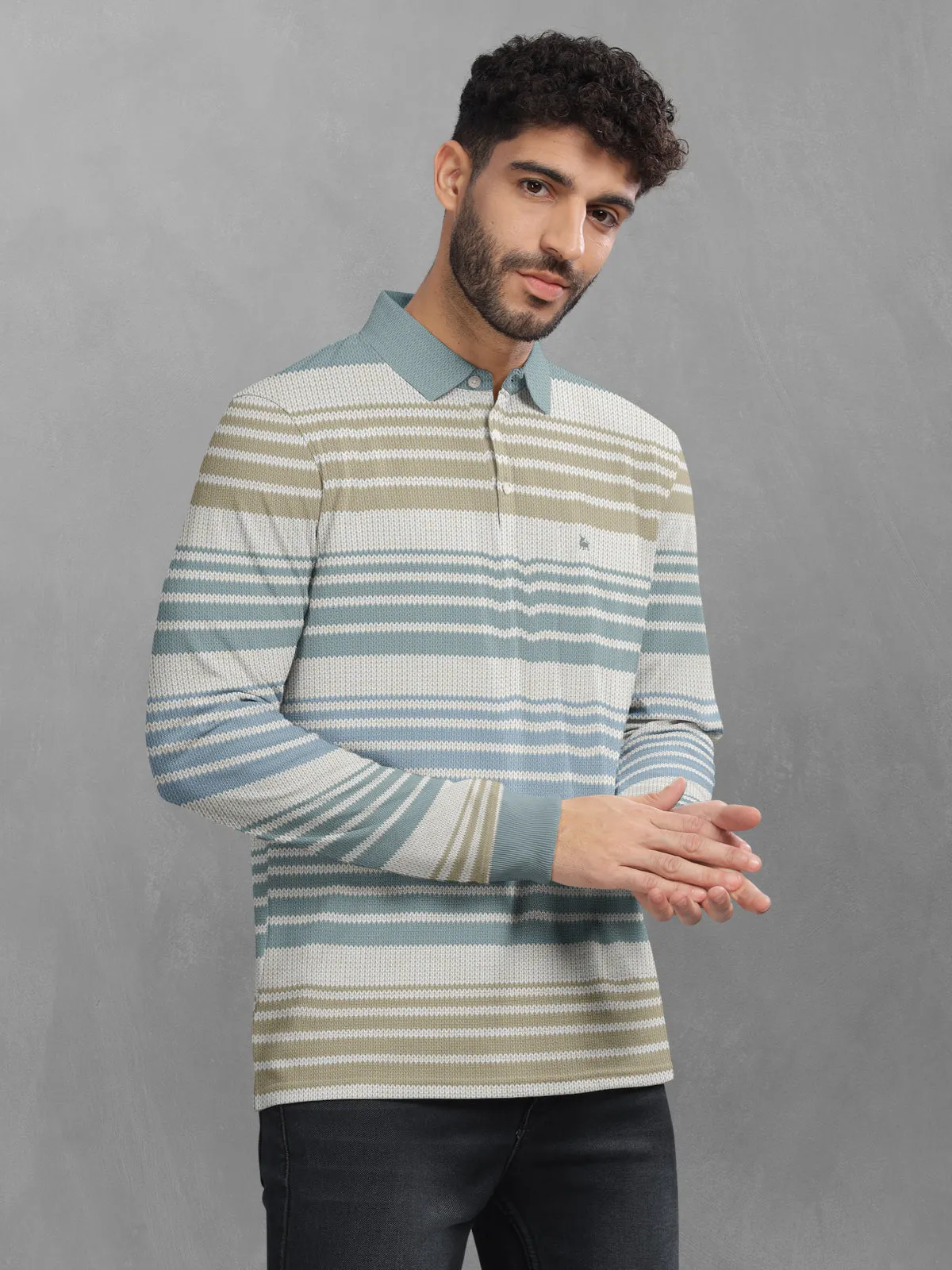 BULLMER Mint Green Striped Textured Printed Polo Neck FullSleeve T-shirt With Rib For Men