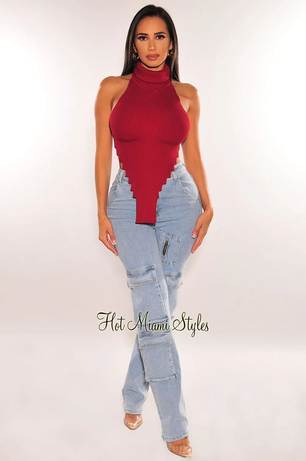 Burgundy Ribbed Knit Turtleneck Sleeveless Asymmetrical Crop Top