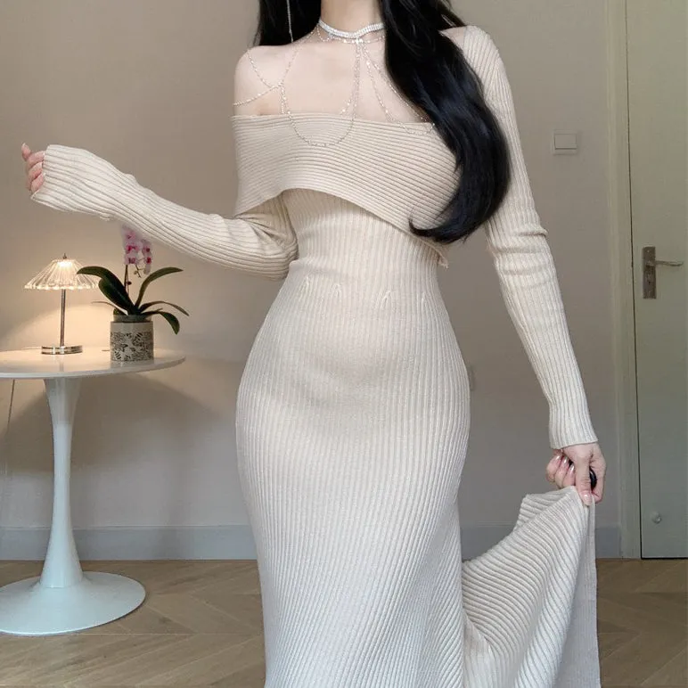 Chain One Shoulder Slim Long Sleeve Knitted Dress