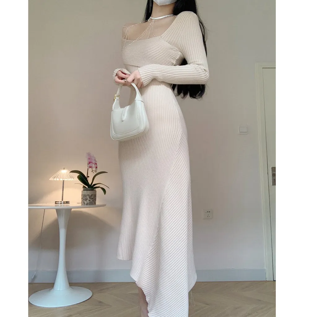 Chain One Shoulder Slim Long Sleeve Knitted Dress