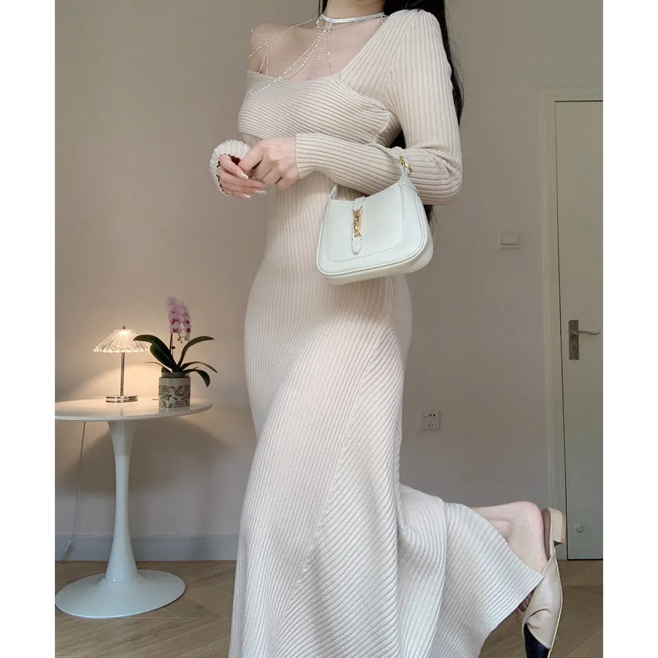 Chain One Shoulder Slim Long Sleeve Knitted Dress