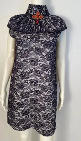 Chanel Navy Blue Cotton Camellia Floral Print Lace Dress FR 42 US 6