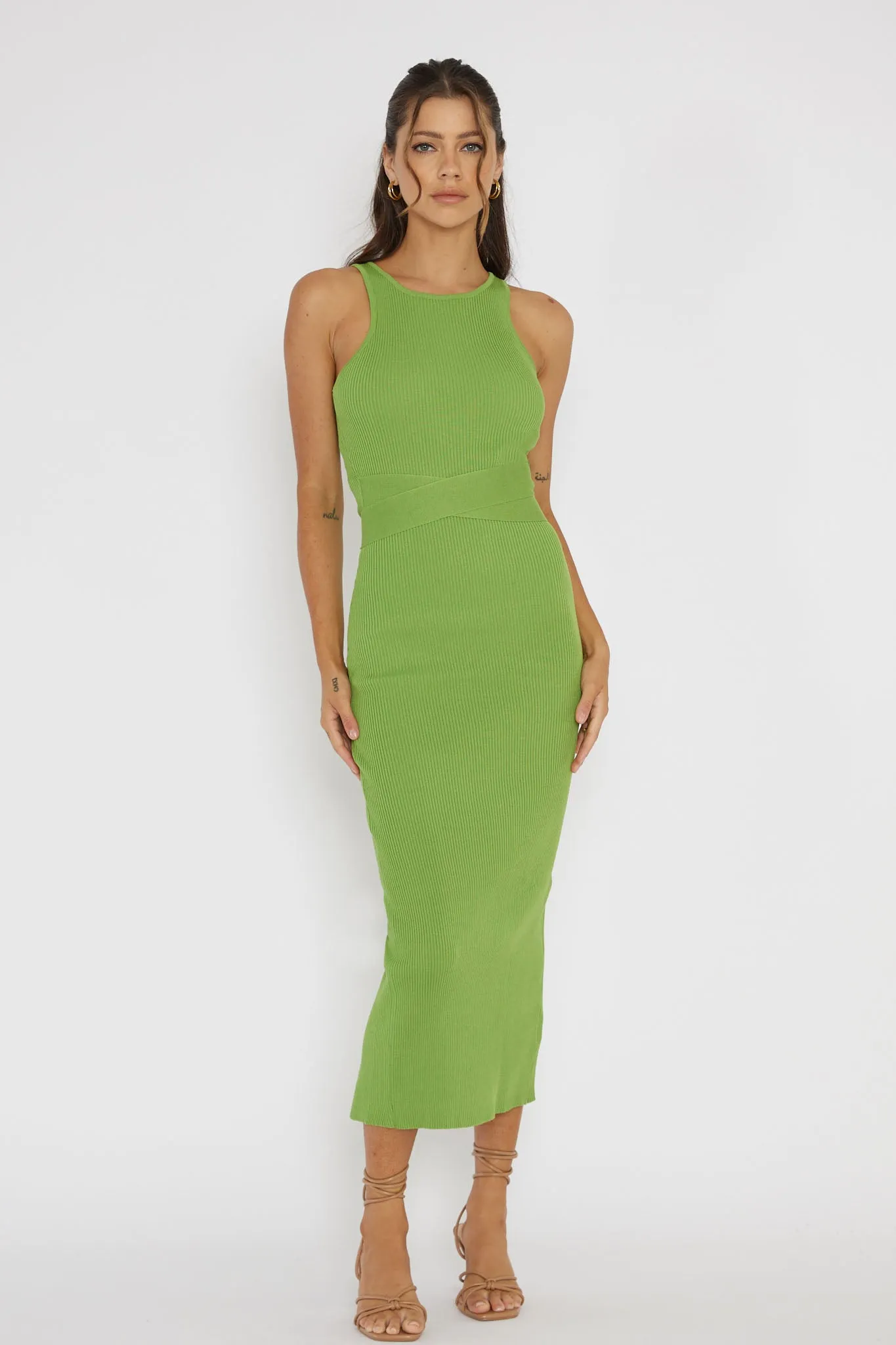 Charmed Me Ribbed Knit Midi Dress Green