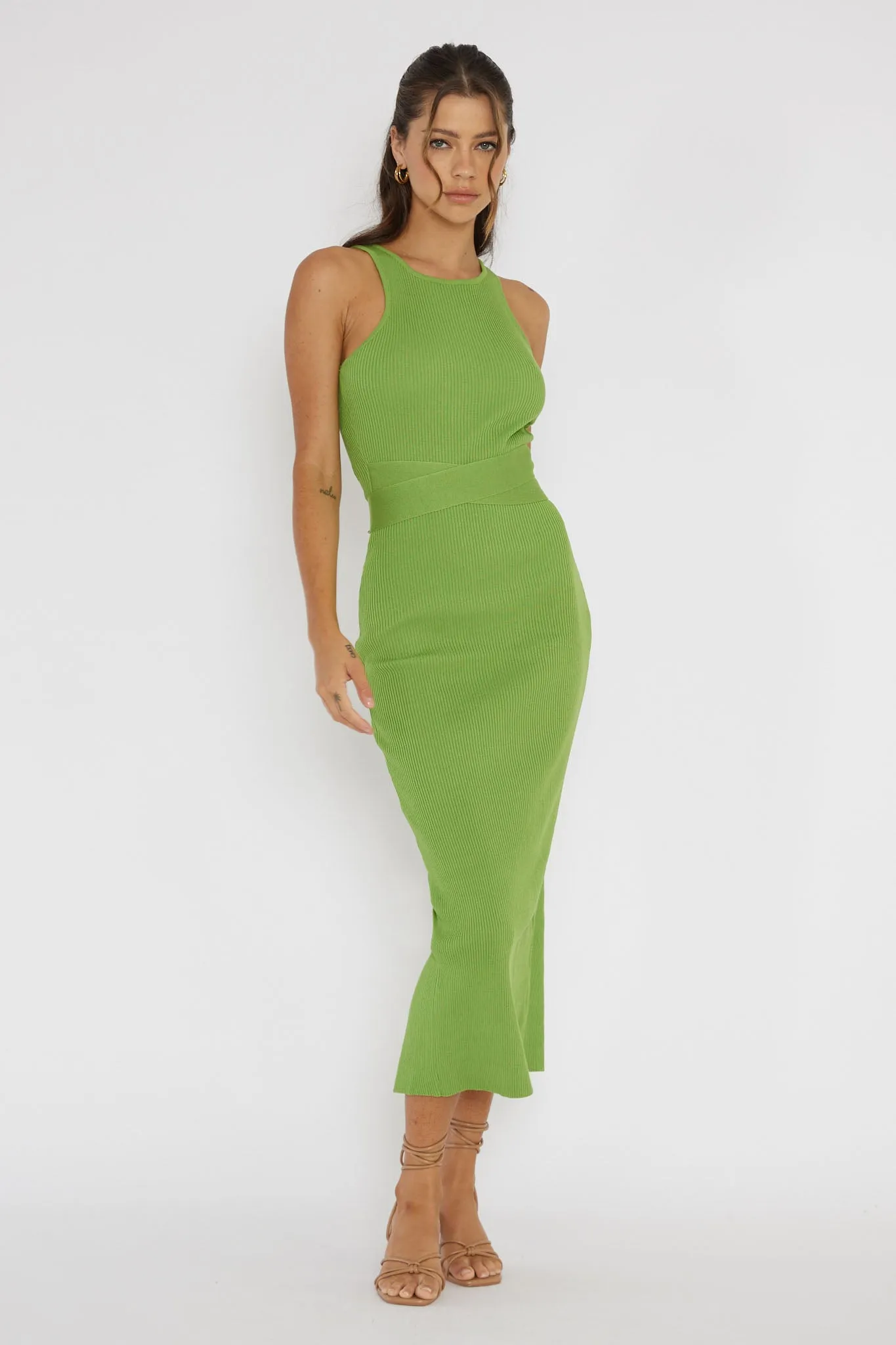 Charmed Me Ribbed Knit Midi Dress Green