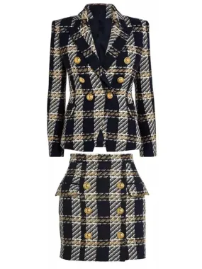 Check Double-Breasted Wool Blazer and Skirt Set