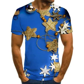 Christmas T-shirt Men Star T-shirts 3d Blue Tshirts Cool New Year Tshirt Anime