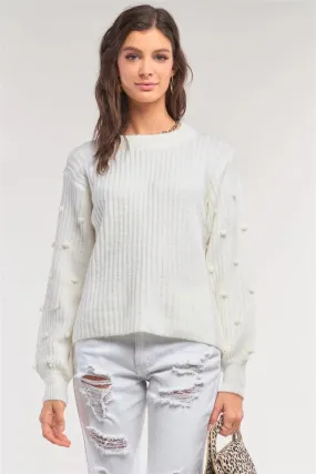 Cozy White Crew Neckline Long Beads Detail Ballon Sleeve Sweater /2-2-2