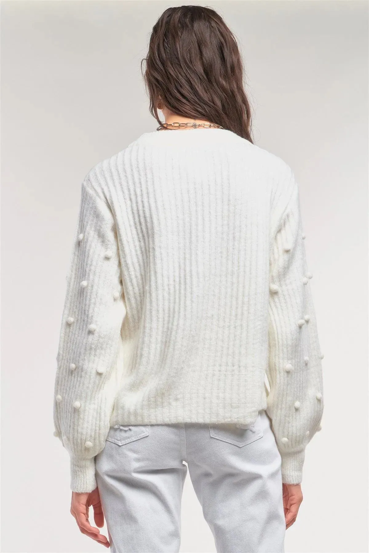 Cozy White Crew Neckline Long Beads Detail Ballon Sleeve Sweater /2-2-2