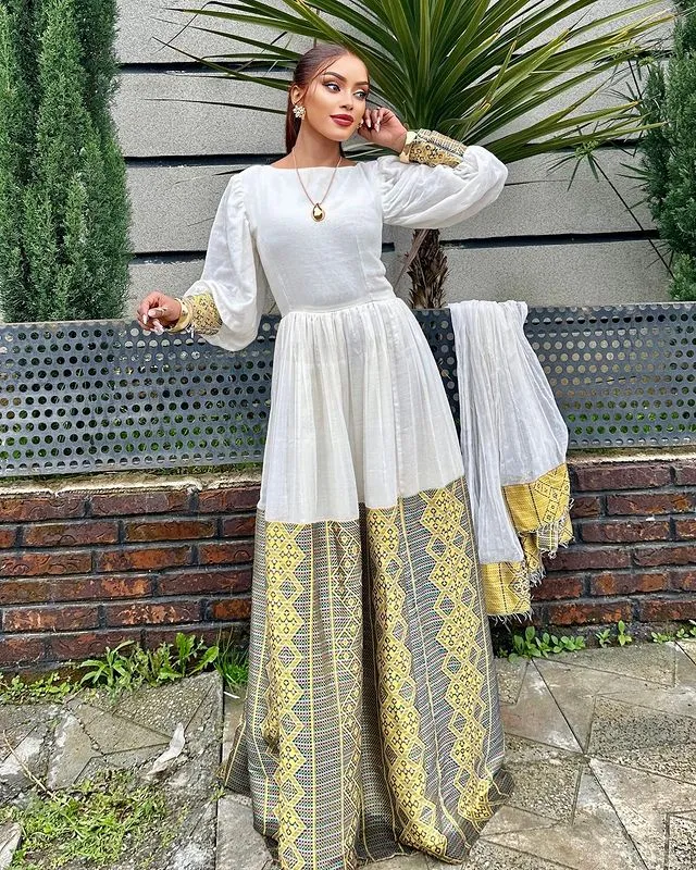 Elegant Habesha Dress with Wider Tilet Traditional Habesha Kemis Ethiopian Traditional Dress