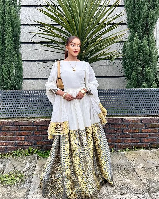 Elegant Habesha Dress with Wider Tilet Traditional Habesha Kemis Ethiopian Traditional Dress