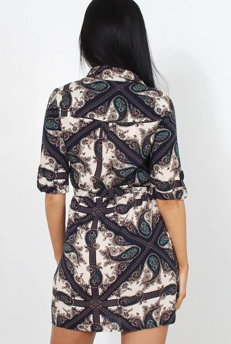 Elyse Navy Paisley Print Shirt Dress