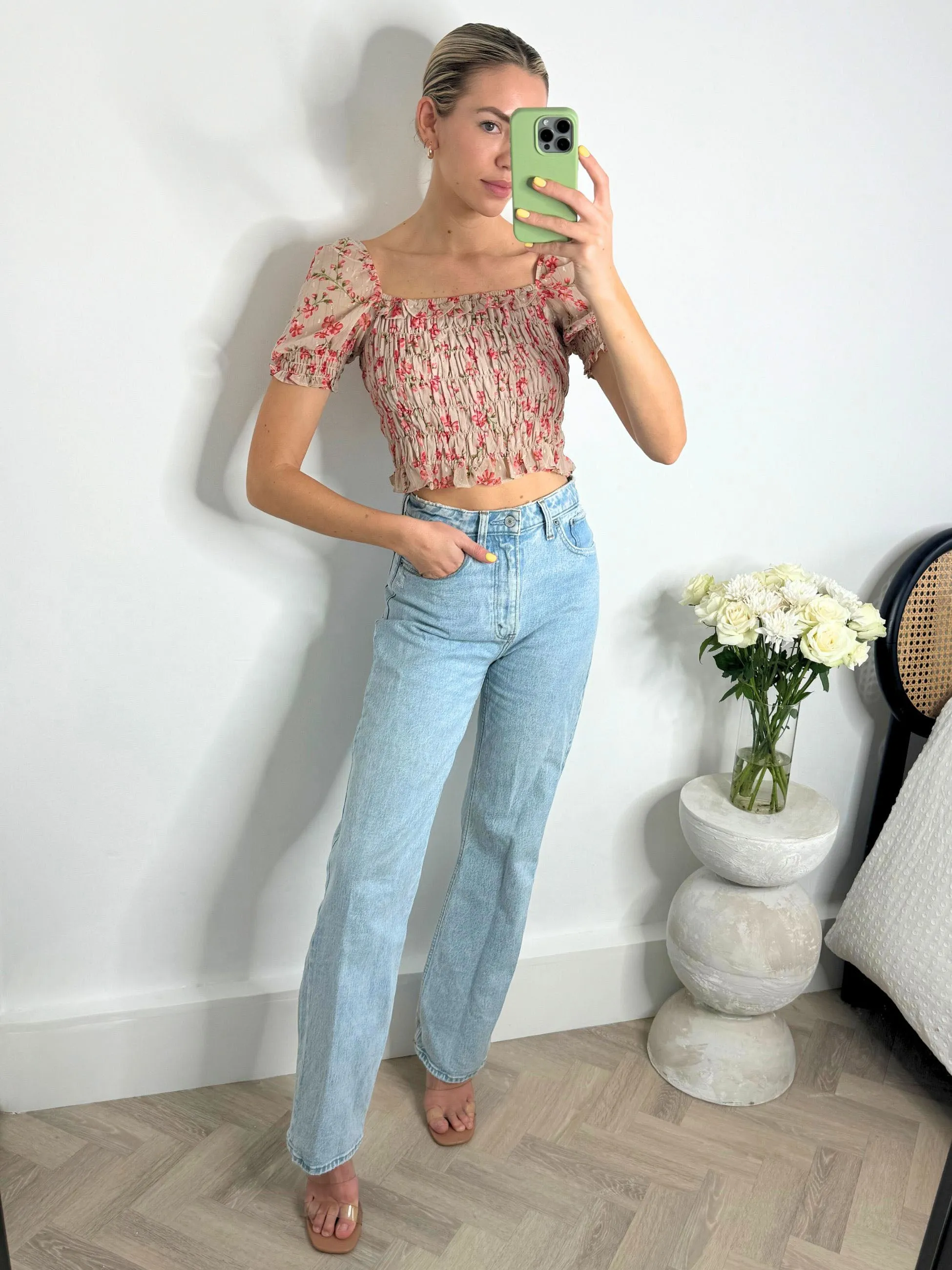 Flo Puff Sleeve Shirred Crop Top in Floral