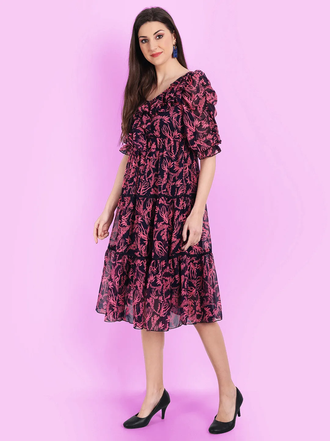 Floral Printed Georgette Fit & Flare Midi Dress