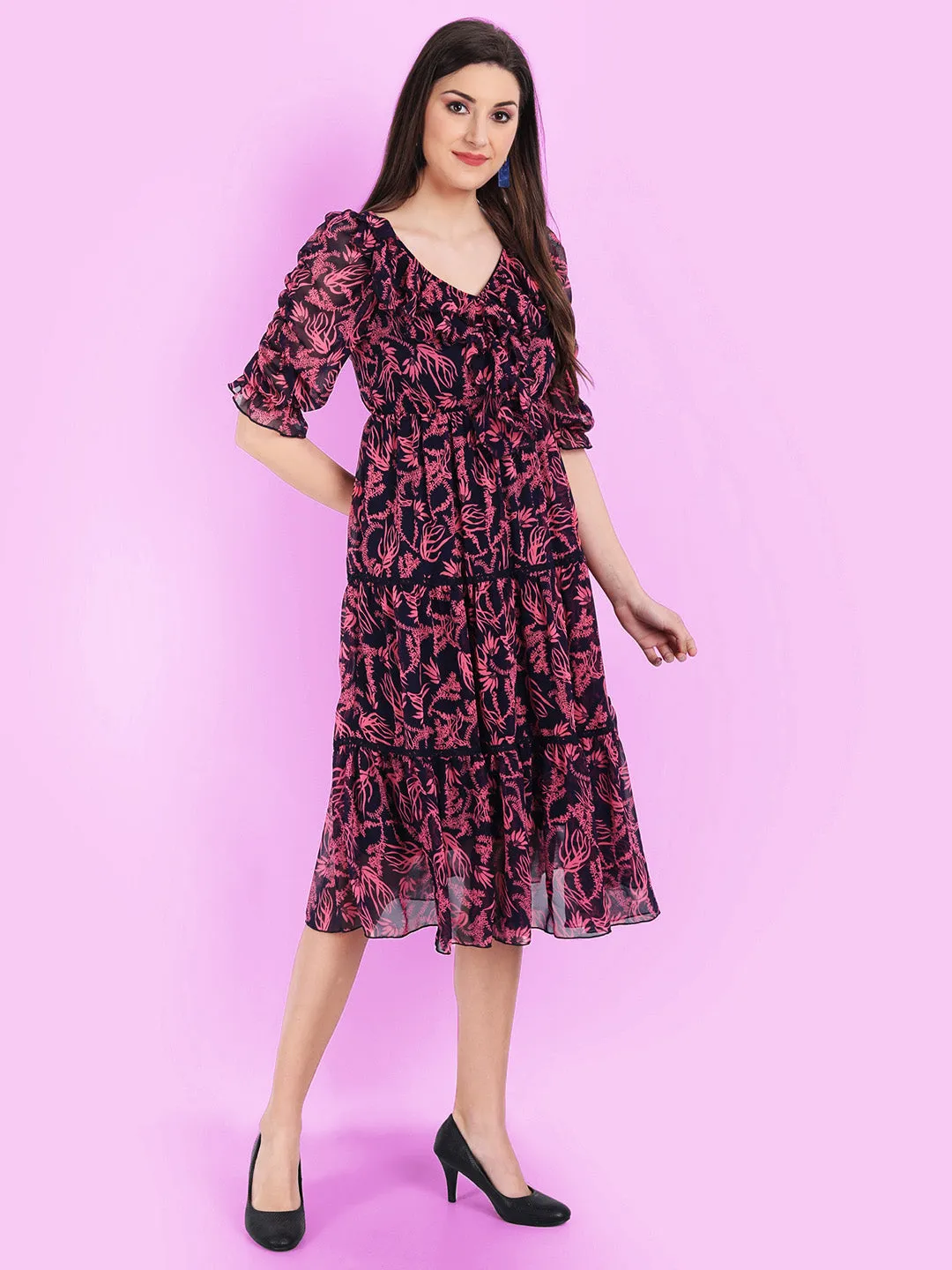 Floral Printed Georgette Fit & Flare Midi Dress