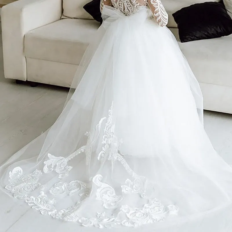 Flower Girls Dress Long Sleeve Wedding Kid Lace Tulle Princess Dress