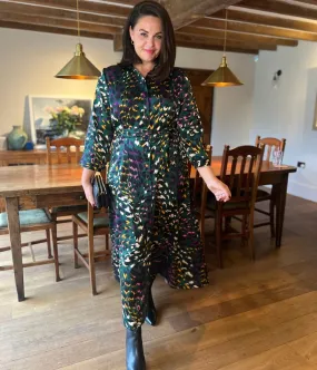 Green Ava Peacock Print Satin Shirt Dress