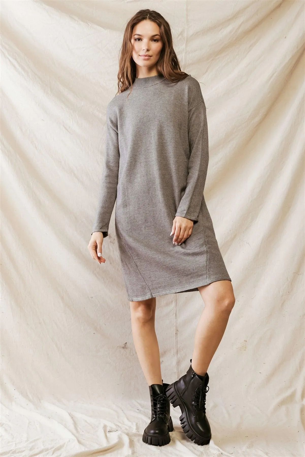 Heather Grey Viscose Blend Knit Long Sleeve Midi Dress /2-2-2