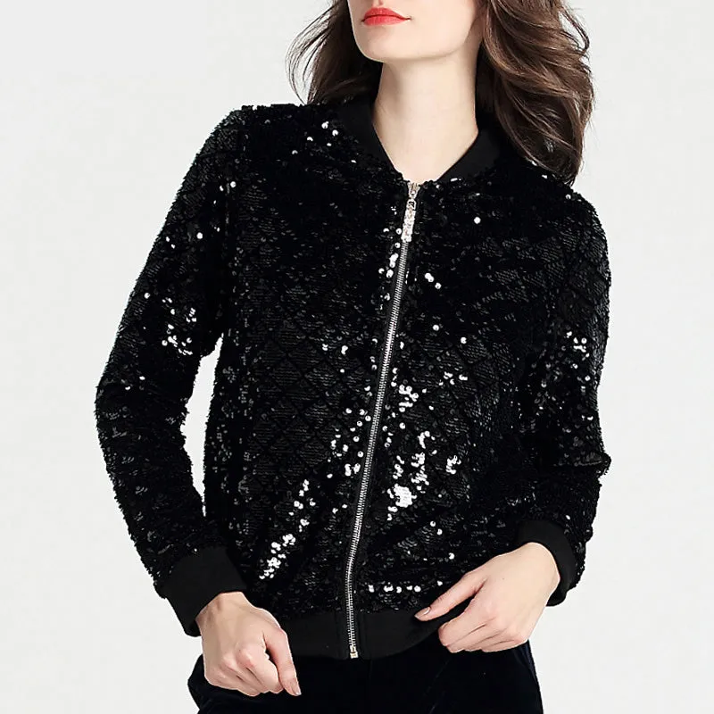 Jacket Women Black Sequin Jacket Coat Woman Short Reflective Bomber Jackets