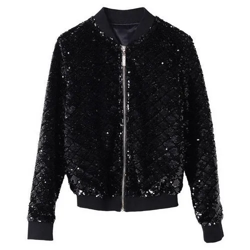 Jacket Women Black Sequin Jacket Coat Woman Short Reflective Bomber Jackets