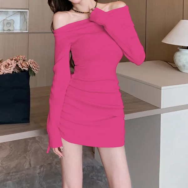 Long-Sleeved Drawstring Pleated Bodycon Knitted Dress