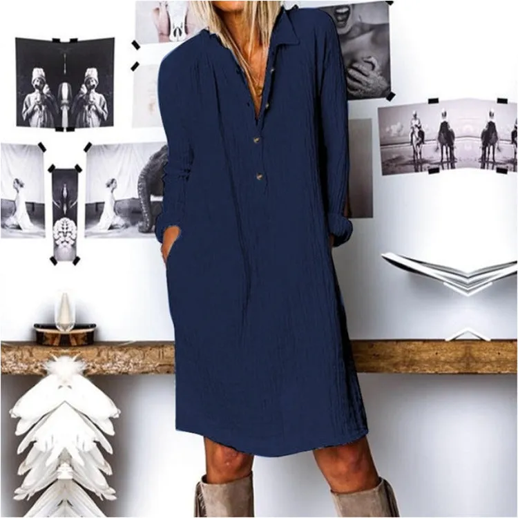 Loose cotton linen shirt dress