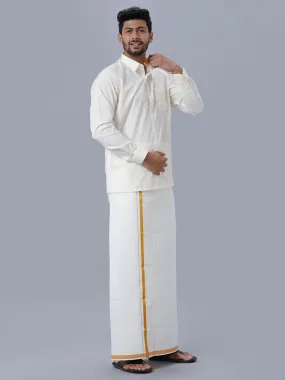 Men Cream Cotton Full Sleeves Shirt with Gold Jari 1/2" inch  Double Dhoti Combo