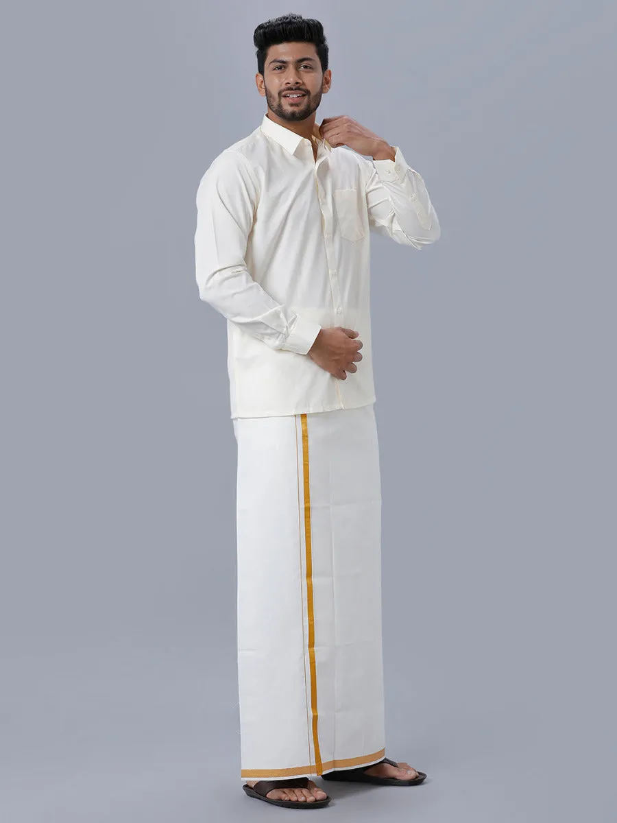 Men Cream Cotton Full Sleeves Shirt with Gold Jari 1/2" inch  Double Dhoti Combo