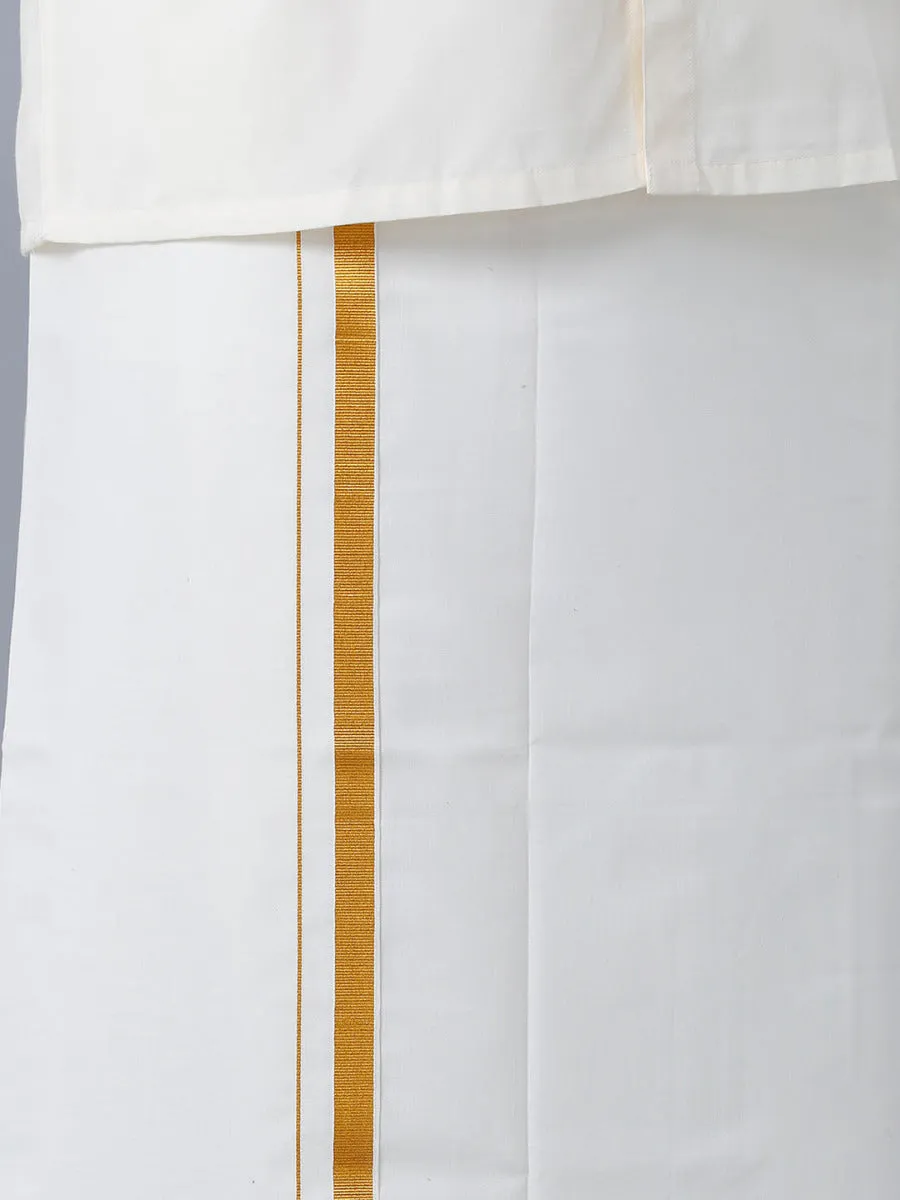 Men Cream Cotton Full Sleeves Shirt with Gold Jari 1/2" inch  Double Dhoti Combo