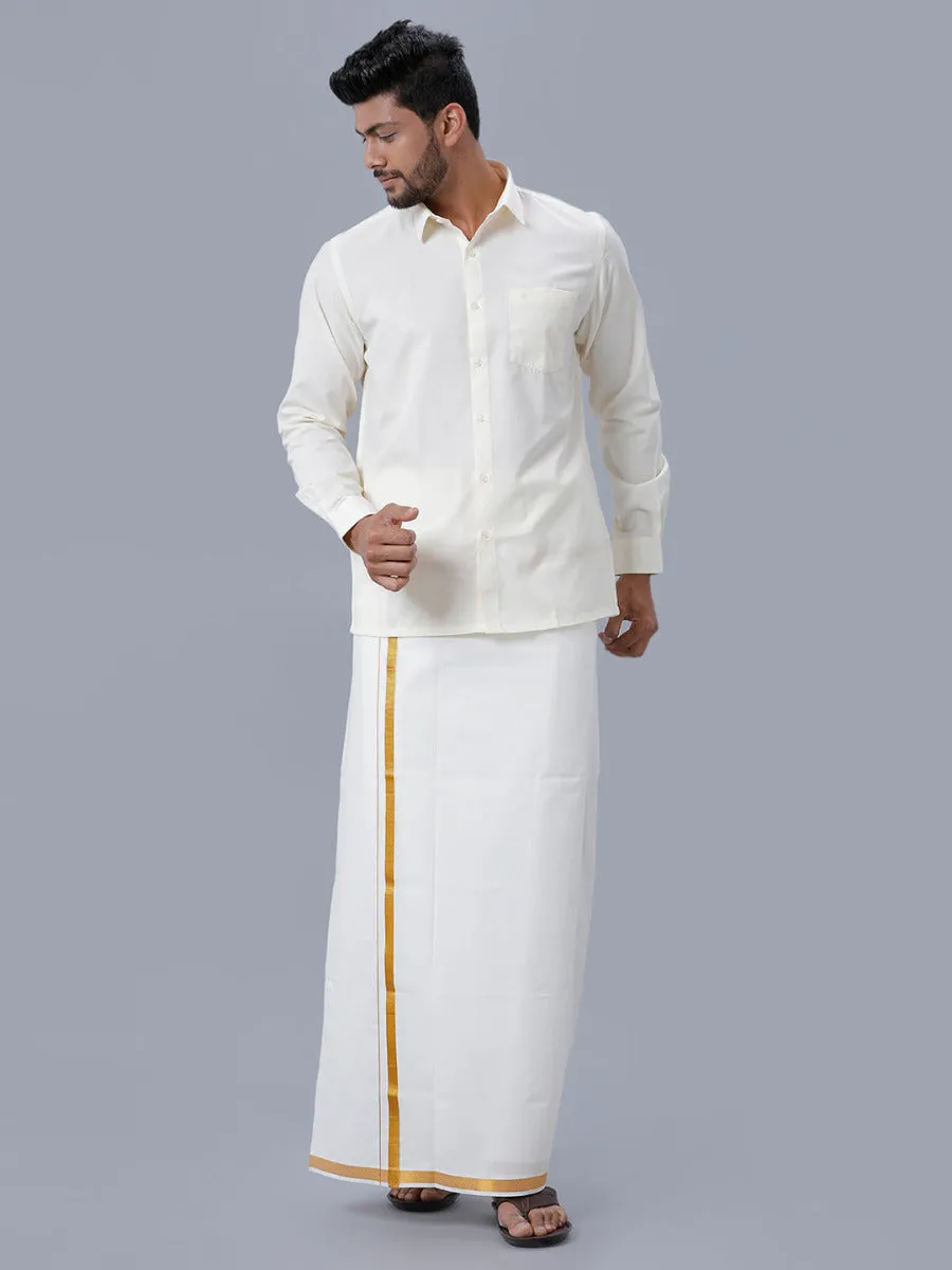 Men Cream Cotton Full Sleeves Shirt with Gold Jari 1/2" inch  Double Dhoti Combo